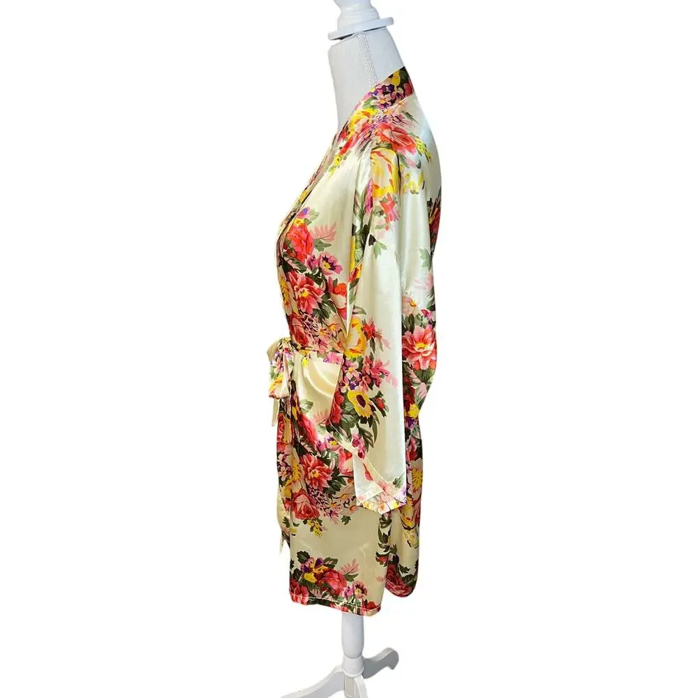 Floral satin kimono robe pajamas sleepwear loungewear glam feminine - Picture 5 of 6